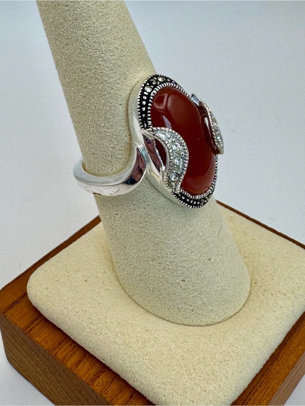 Boho Vintage Carnelian & Marcasite Silver Ring - Sz 8 Perfect for Summer